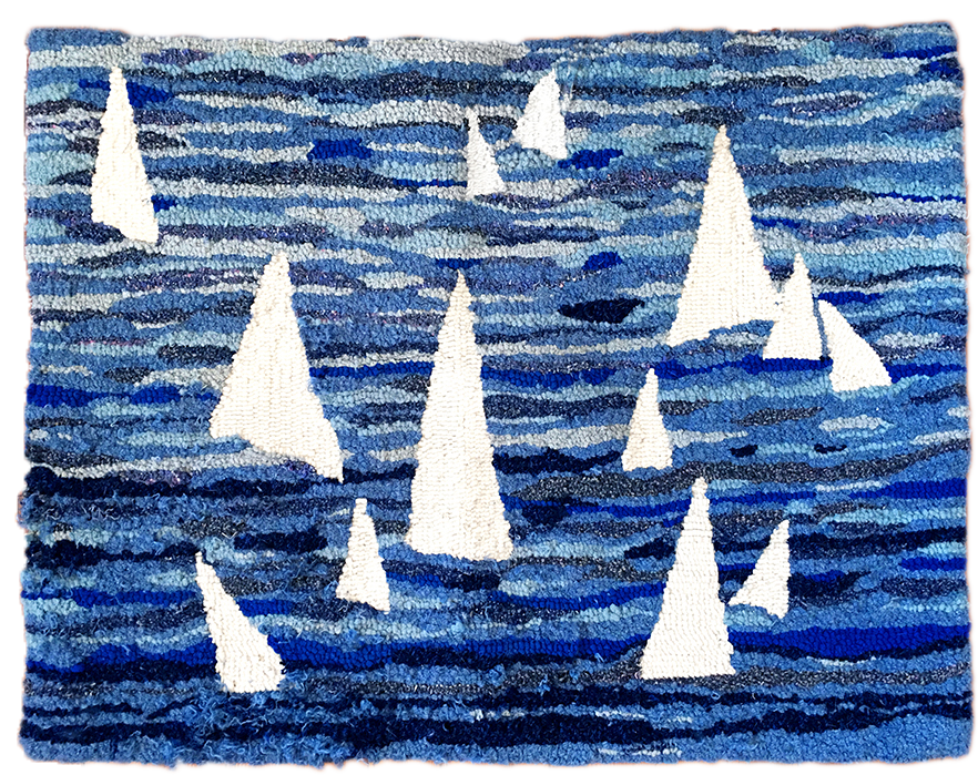 Sailboat wool hooked rug